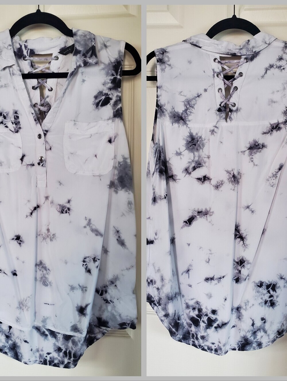 Rock & Republic Black White Tie-Dyed Blouse Lace-up Back Festival Grunge Y2K Med